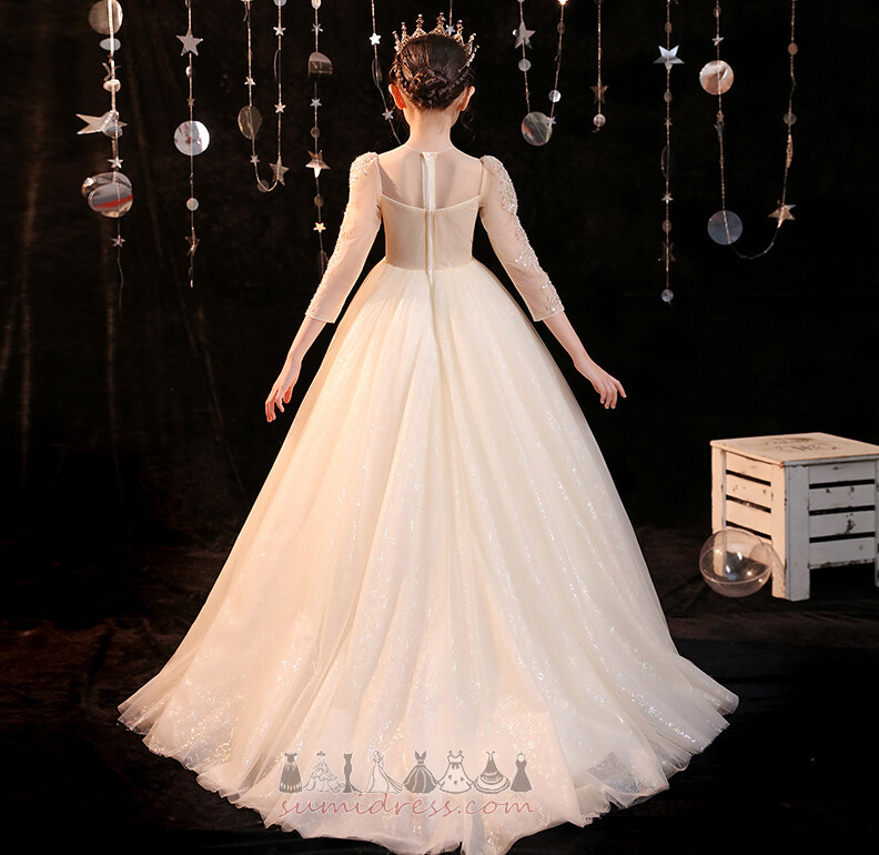 Bol dökümlü Mücevher Orta Düğün Süpürme tren Tül Çiçek kız elbise