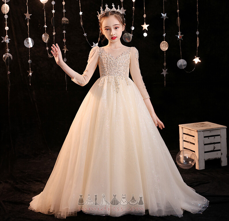 Bol dökümlü Mücevher Orta Düğün Süpürme tren Tül Çiçek kız elbise