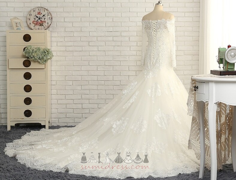 Босоніжки собор поїзд довгі рукави розкішний З плеча мереживо Весільна сукня