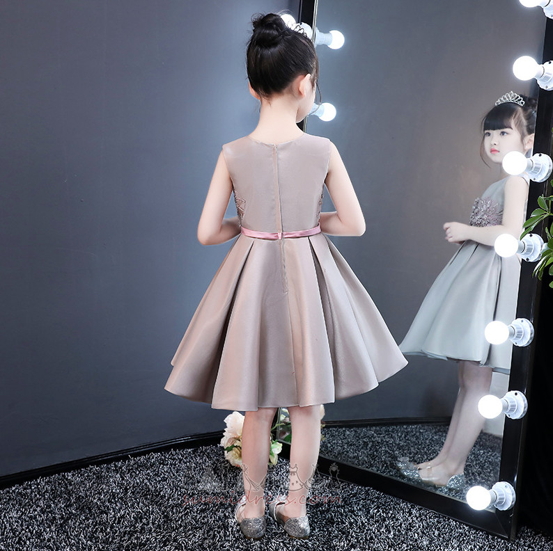 Bow Knee Length Accented Rosette Sleeveless Jewel Satin Flower Girl Dress