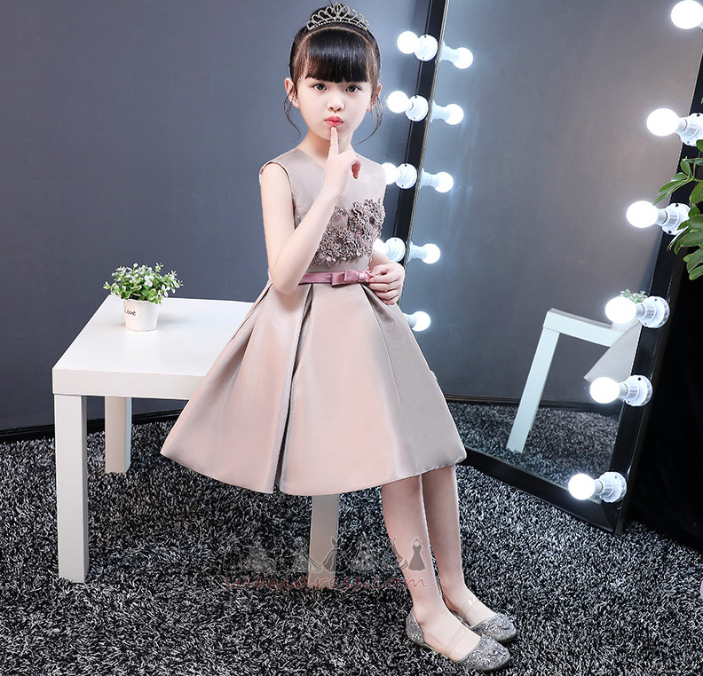 Bow Knee Length Accented Rosette Sleeveless Jewel Satin Flower Girl Dress