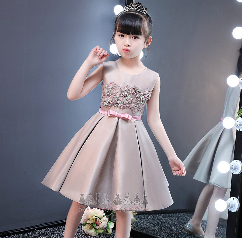 Bow Knee Length Accented Rosette Sleeveless Jewel Satin Flower Girl Dress