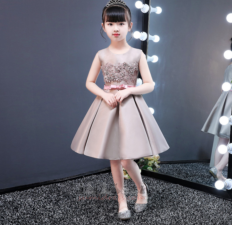 Bow Knee Length Accented Rosette Sleeveless Jewel Satin Flower Girl Dress