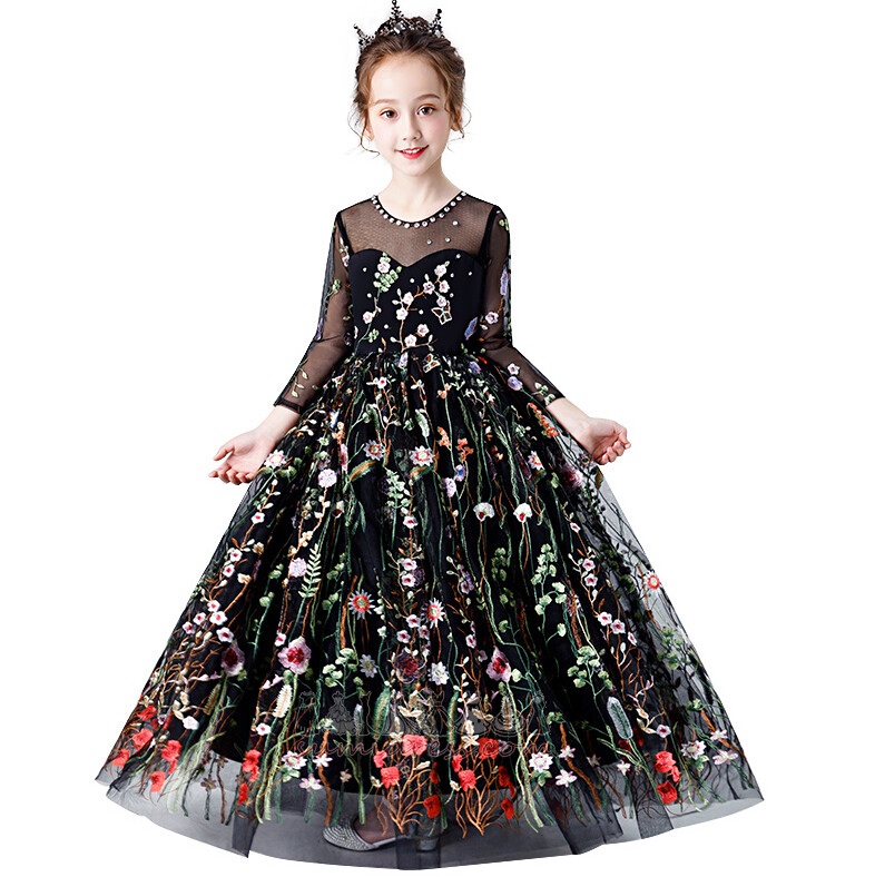 Brangakmenis Rutulys Aplikacijos Trys ketvirtadaliai rankovėmis Organza Gėlių mergaičių suknelė