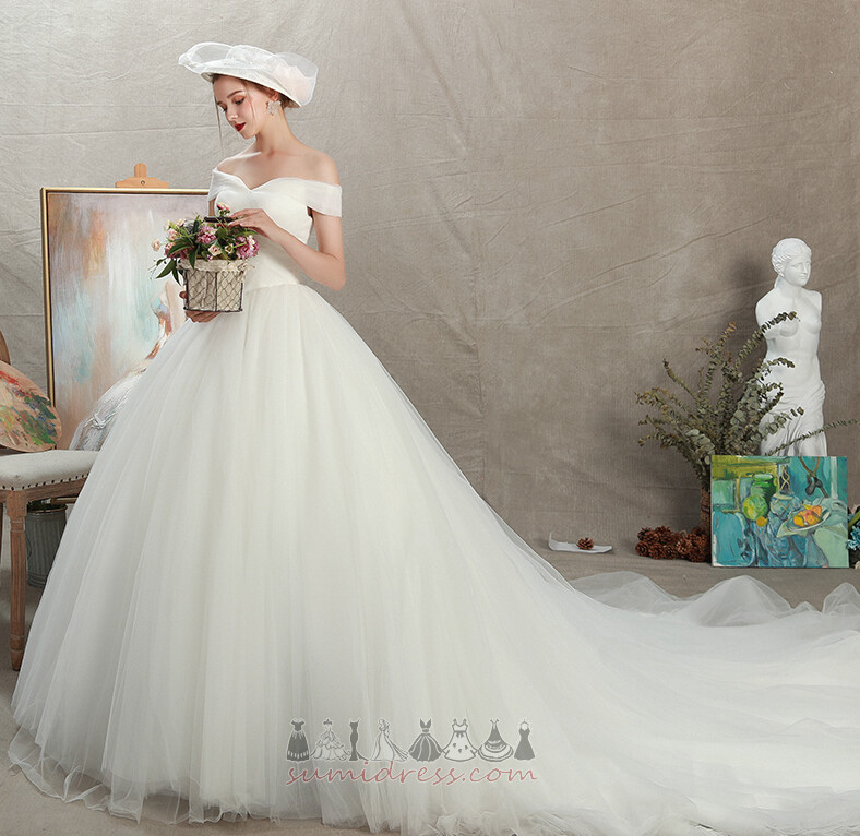 Capped Sleeves Draped Natural Waist Tulle Inverted Triangle Long Wedding gown