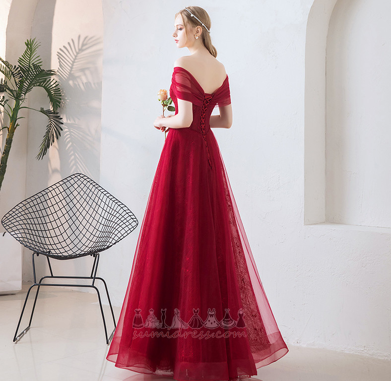 Capped Sleeves Lace-up Beading Tulle Overlay Off Shoulder Natural Waist Prom Dress