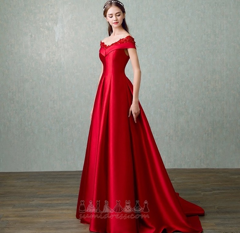 Capped Sleeves Sweep Train A-Line Satin Spring Beading Prom Dress