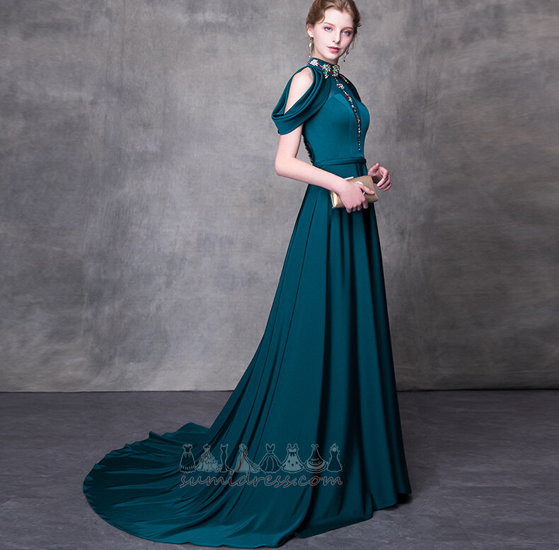 Capped Sleeves Sweep Train Short Sleeves Demure High Neck Keyhole Back Evening Dress
