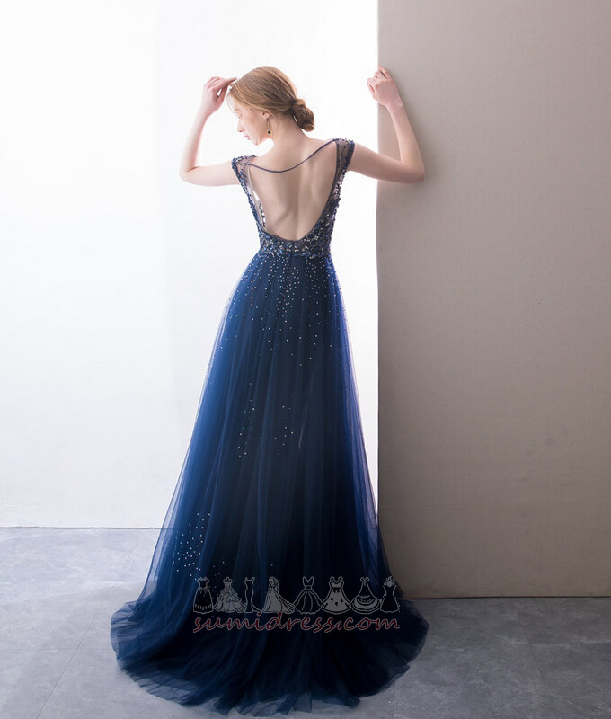 Capped Sleeves Tulle Beading Natural Waist Sheer Back Sweep Train Evening Dress