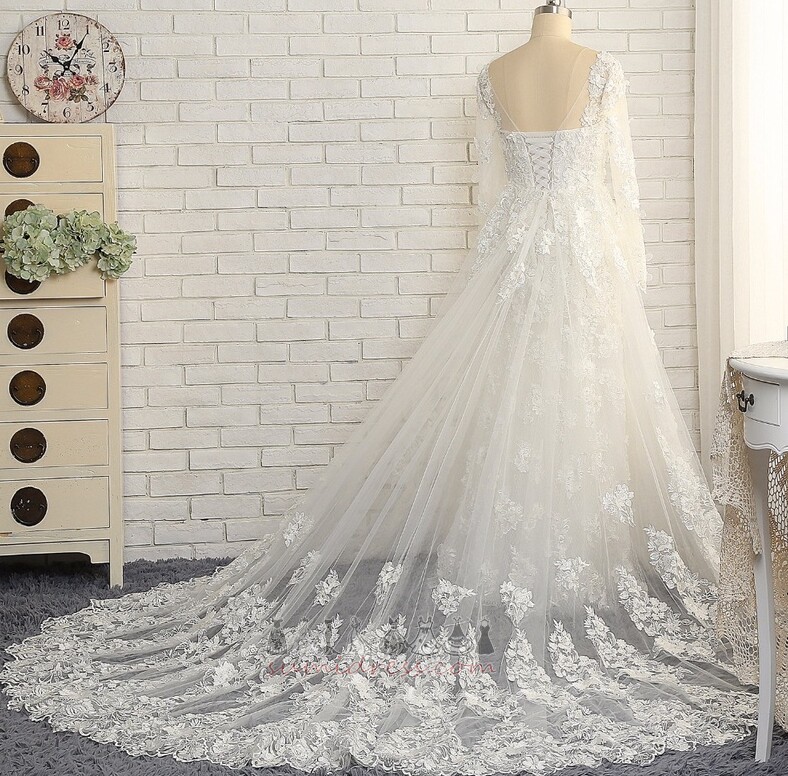 Cathedral Train A-Line Long Sleeves Ankle Length Chic Lace Wedding Dress