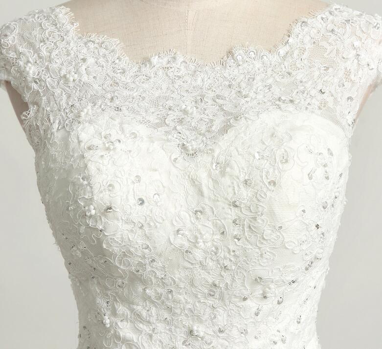 Cathedral Train Elegant Natural Waist Church Capped Sleeves Lace Wedding Dress