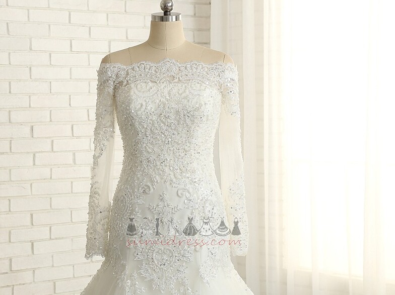 Cathedral Train Lace-up Luxurious Off Shoulder Long Sleeves Lace Wedding Dress