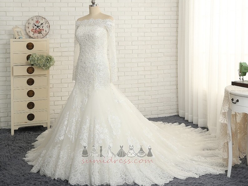 Cathedral Train Lace-up Luxurious Off Shoulder Long Sleeves Lace Wedding Dress
