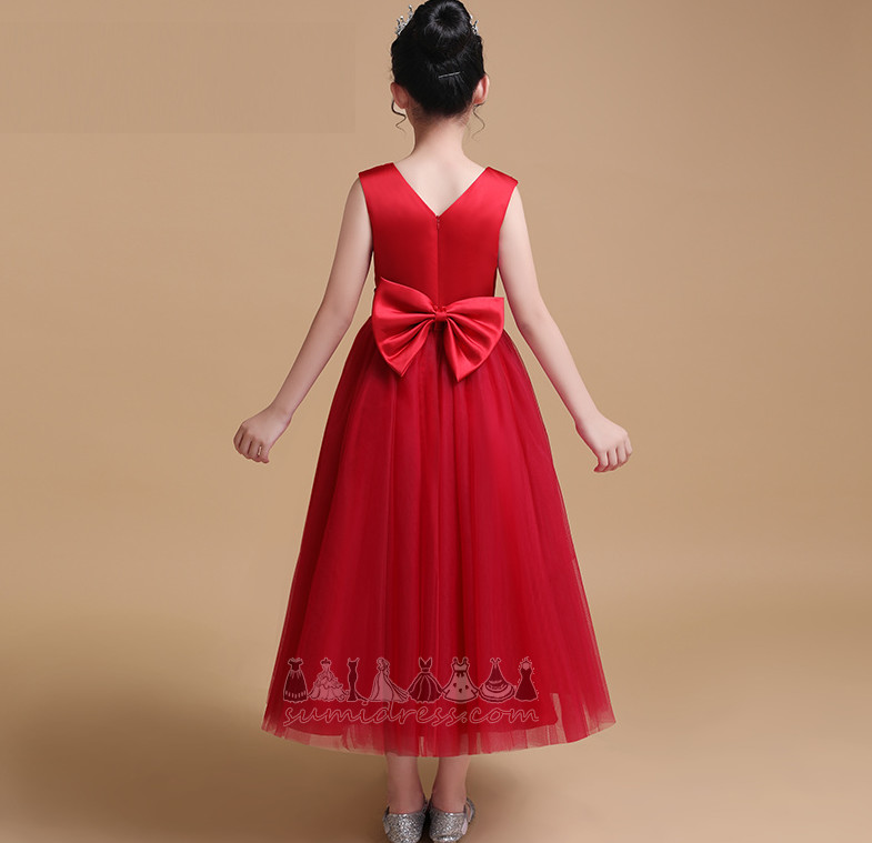Çay uzunluğu V yaka Yay Doğal belden Zarif Tül Çiçek kız elbise
