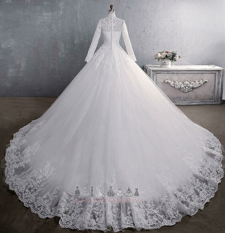 Chapel Train Hall Illusion Sleeves Tulle Formal Natural Waist Wedding skirt
