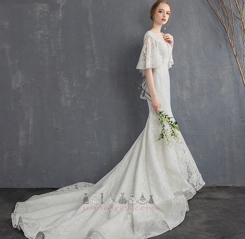 Chapel Train Pear Garden Hemline Long Natural Waist Lace Wedding Dress
