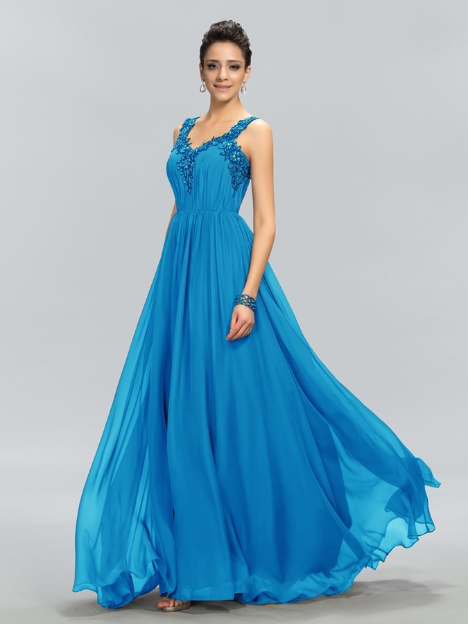 Chiffon Inverted Triangle Floor Length Sleeveless Chic Wide Straps Evening Dress