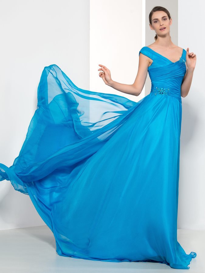 Chiffon Natural Waist V-Neck Sweep Train Pleated Bodice Backless Evening gown