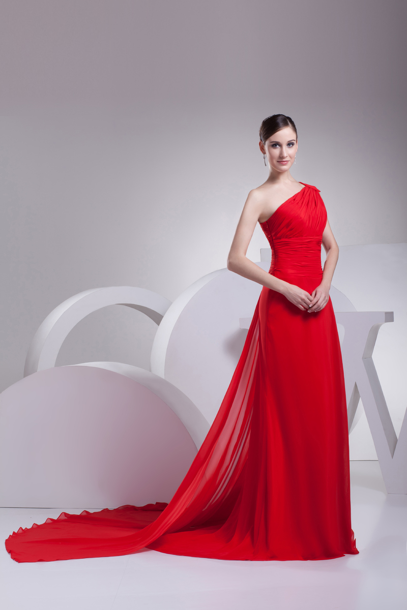 Chiffon Ruffle Fall Floor Length Elegant Asymmetrical Sleeves Evening Dress