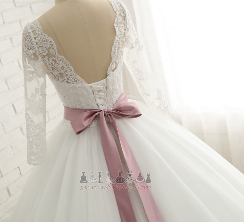 Church A-Line Queen Anne Illusion Sleeves Bowknot 3/4 Length Sleeves Wedding Dress