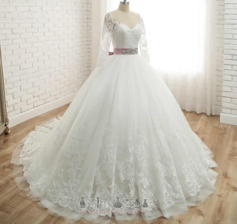 Church A-Line Queen Anne Illusion Sleeves Bowknot 3/4 Length Sleeves Wedding Dress