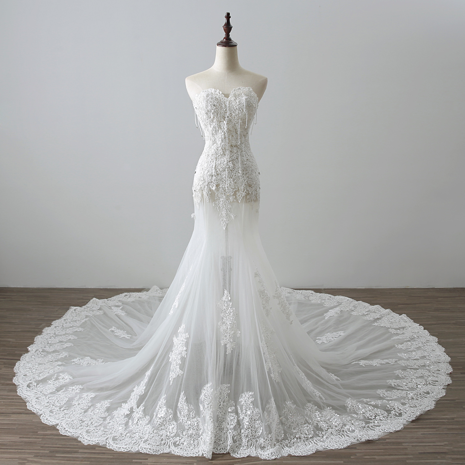 Church Cathedral Train Lace Lace-up Dropped Waist Mermaid Wedding Dress
