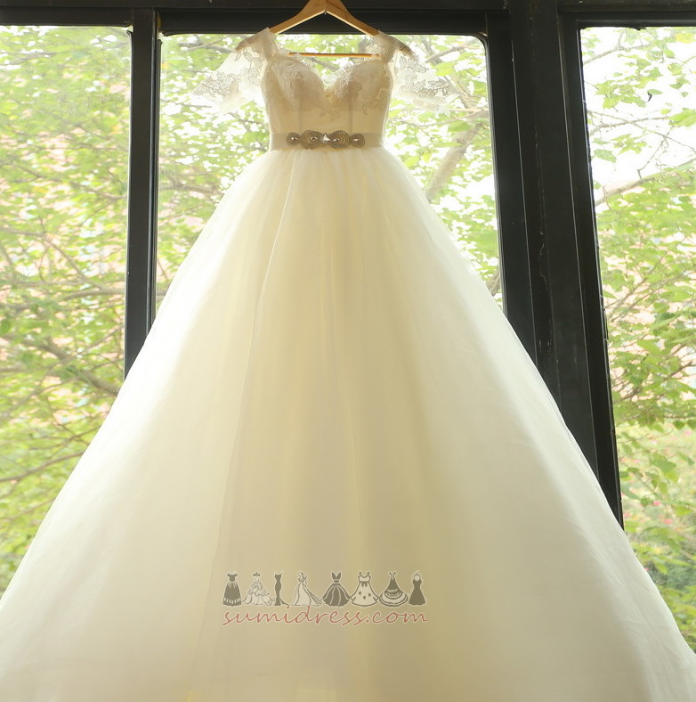Church Elegant Capped Sleeves String Court Train Tulle Wedding gown