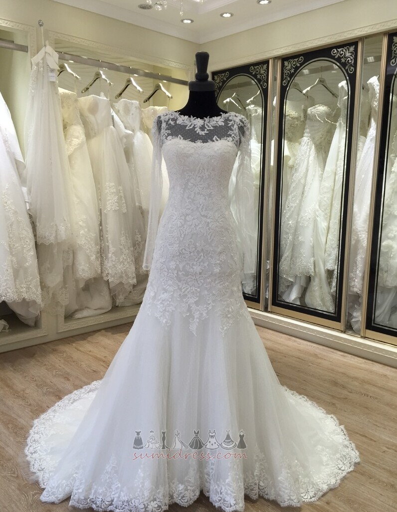 Church Lace Natural Waist Illusion Sleeves Zipper Up Bateau Wedding gown
