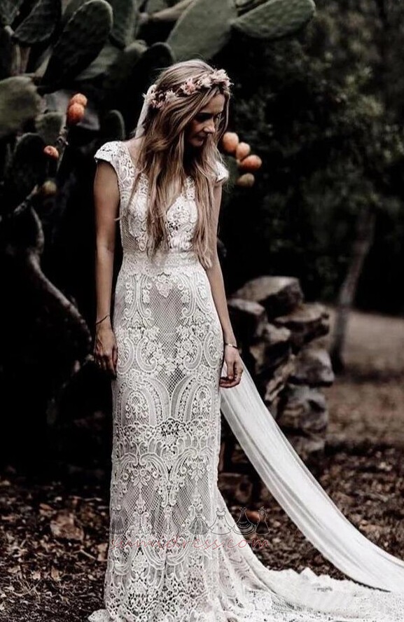 цип нагоре Дантела Елегантен V-образно деколте Природен кръста сватбена рокля