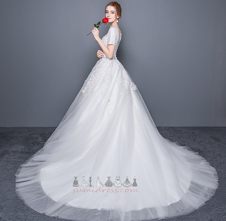 Court Train A-Line Lace Overlay Floor Length Natural Waist Fall Wedding Dress