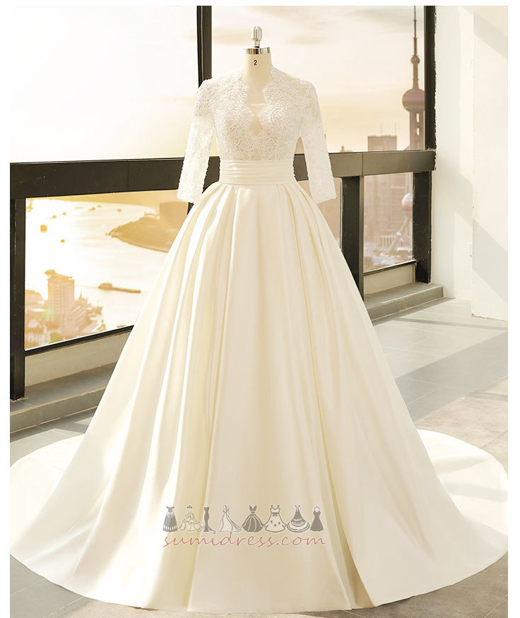 Court Train Keyhole Back A-Line Applique T-shirt Satin Wedding Dress