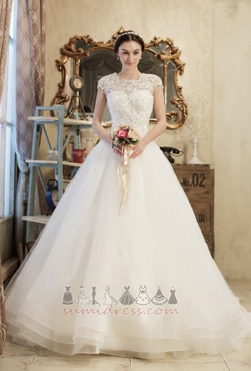 Court Train Lace Overlay Capped Sleeves Medium Beading Short Sleeves Wedding Dress