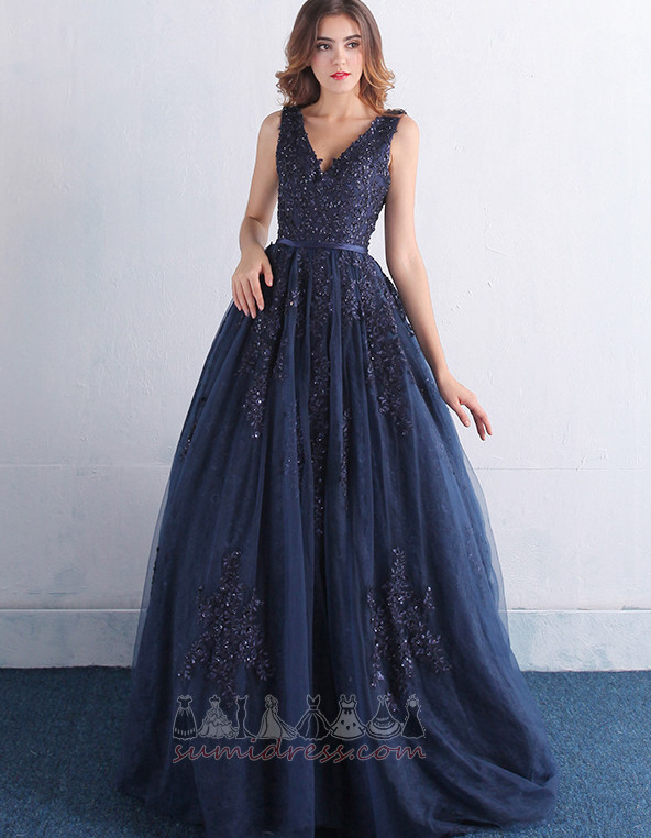 Court Train V-Neck Backless Tulle Lace A-Line Evening Dress