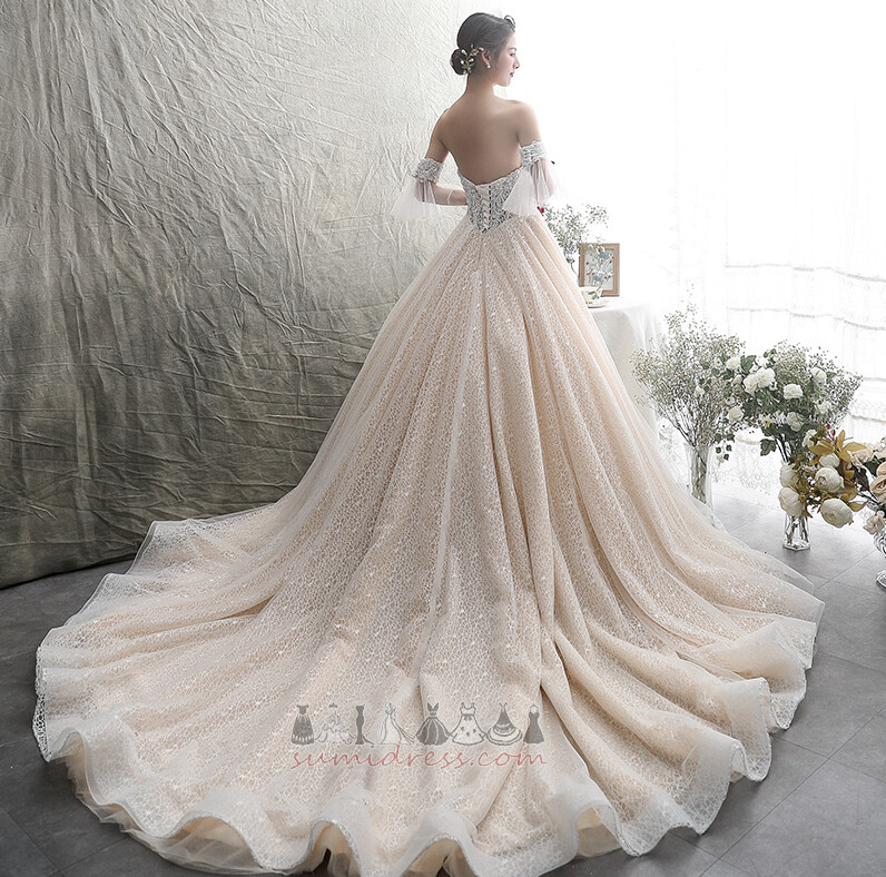 Дантела Линия Дантела-нагоре Средно Царския влак Къси ръкави сватбена рокля