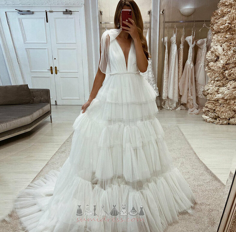 Deep v-Neck Elegant Natural Waist Voile Zipper Up Draped Wedding Dress