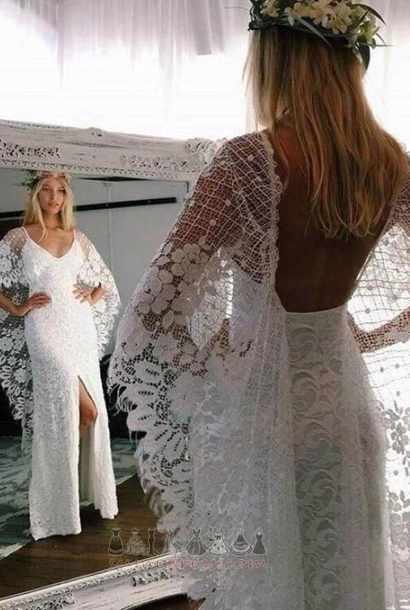 Deep v-Neck Loose Sleeves Natural Waist Lace Split Front A-Line Wedding Dress