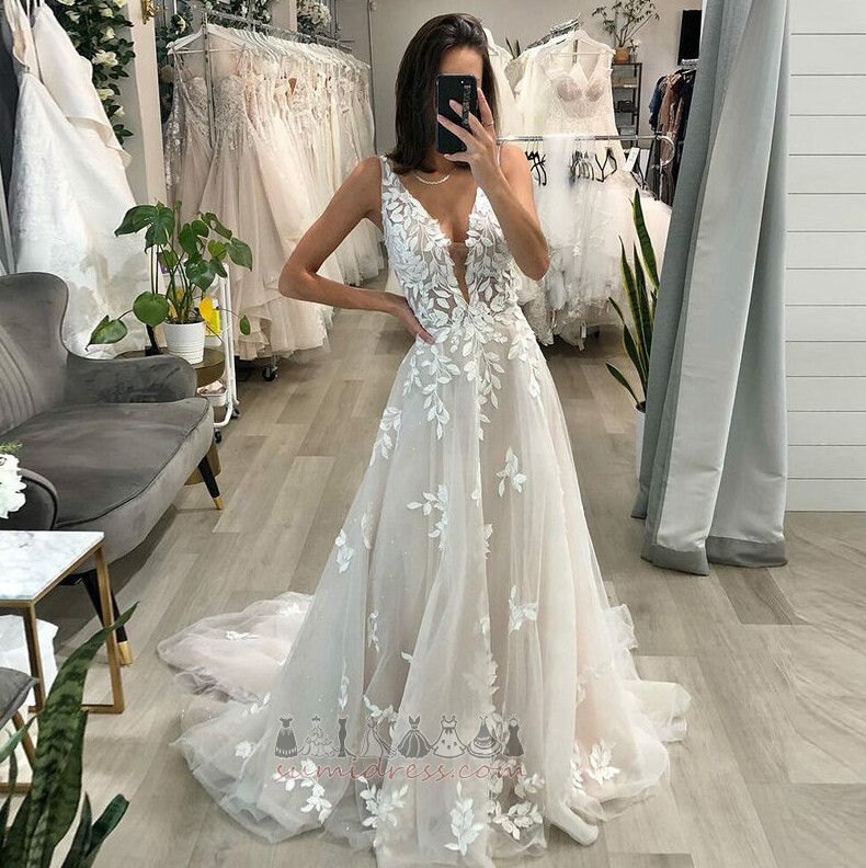 Deep v-Neck Sleeveless Tulle Beach Zipper Up A-Line Wedding Dress