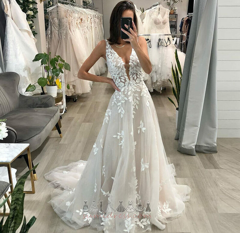 Deep v-Neck Sleeveless Tulle Beach Zipper Up A-Line Wedding Dress
