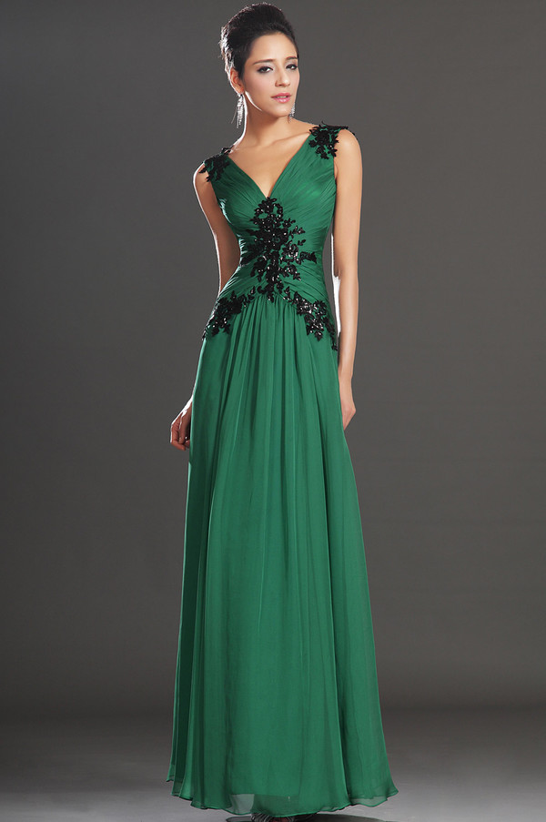 Deep v-Neck Thin Tulle Overlay Elegant Beading Summer Evening Dress
