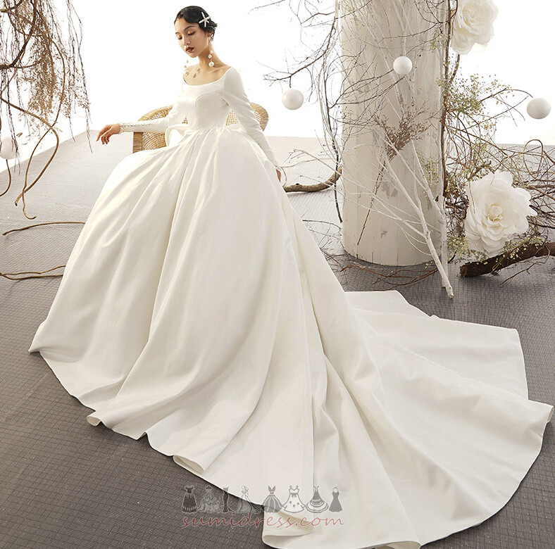 Demure Long Sleeves Royal Train Simple Button A-Line Wedding Dress