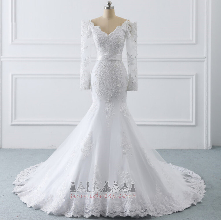 Derin v yaka Fermuar yukarıya Tül İllüzyon kollu Zarif Deniz kızı Düğün Elbise