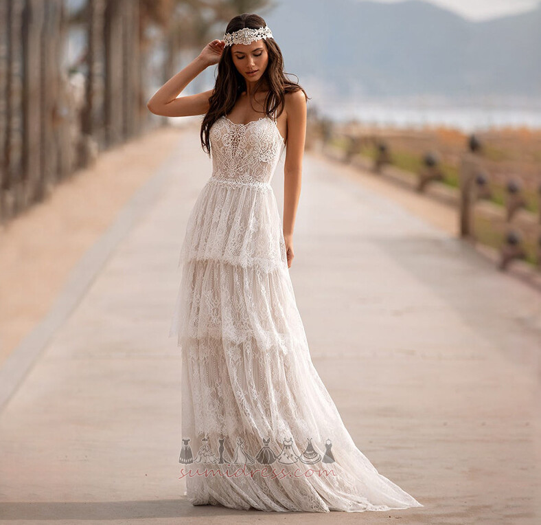 Doğal belden Kolsuz Bir çizgi Süpürme tren Plaj Sırtı açık Düğün Elbise