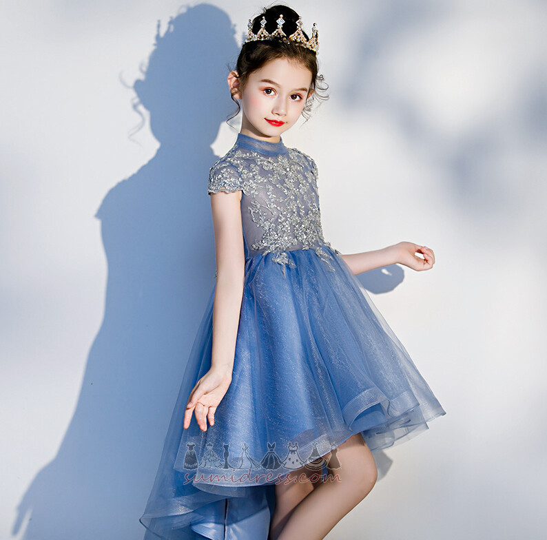Doğal belden Ziyafet Yüksek boyun Boncuk mücevherli korse Süpürme tren Çiçek kız elbisesi
