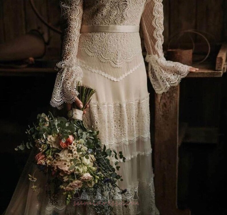 довжина підлоги мереживо ілюзія рукава драпіровані блискавка вгору Весільна сукня