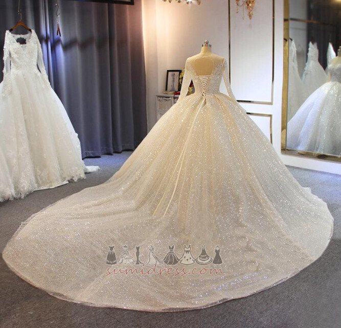 Draped Church Natural Waist Royal Train Long Sleeves Jewel Wedding gown