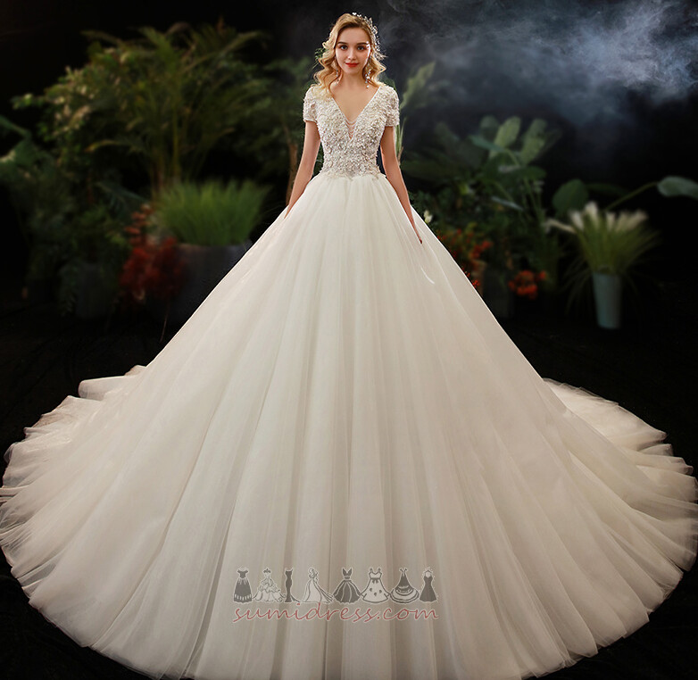 Draped Natural Waist Jewel Bodice Short Sleeves Multi Layer A-Line Wedding Dress