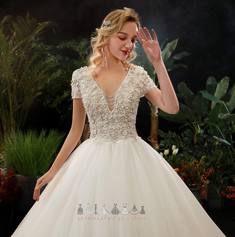 Draped Natural Waist Jewel Bodice Short Sleeves Multi Layer A-Line Wedding Dress