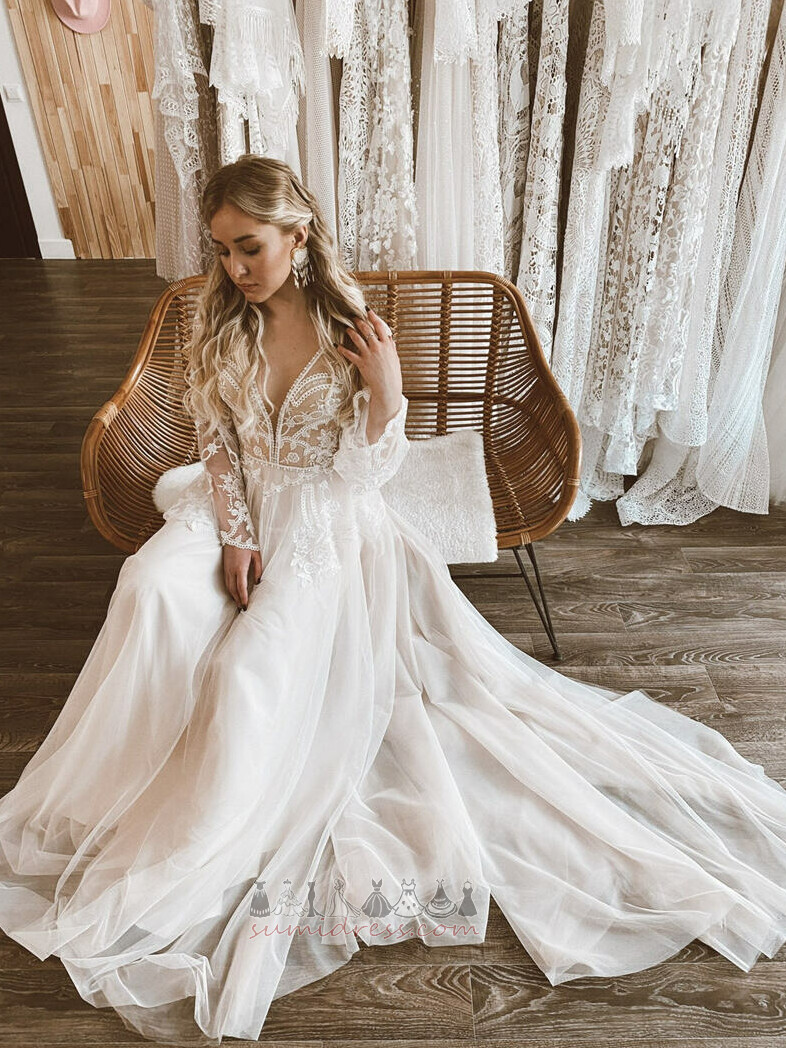 Draped Natural Waist Sweep Train Illusion Sleeves Long Sleeves Backless Wedding Dress