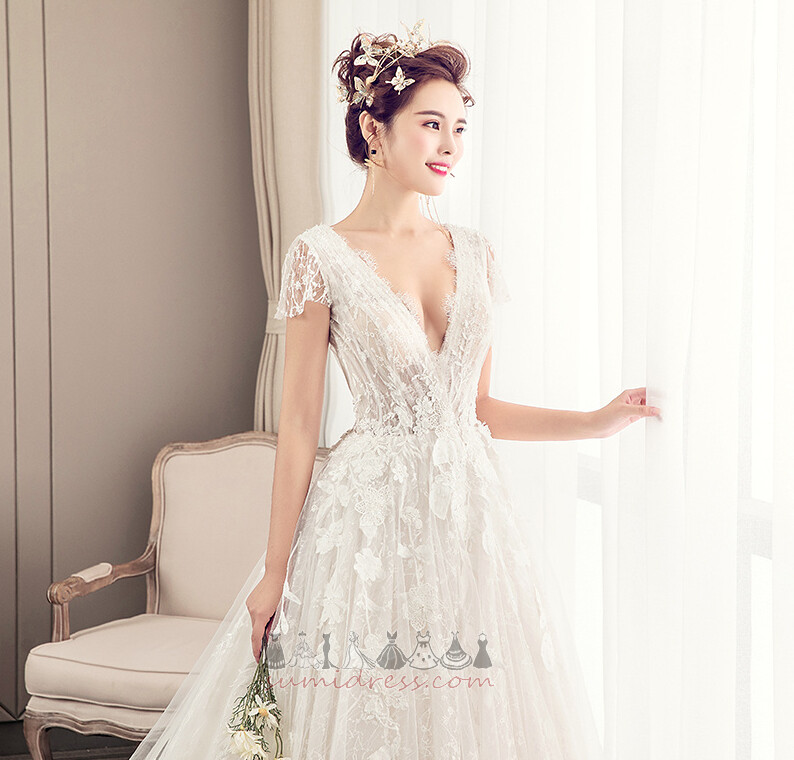 Draped Spring V-Neck Romantic Deep v-Neck Lace Wedding Dress