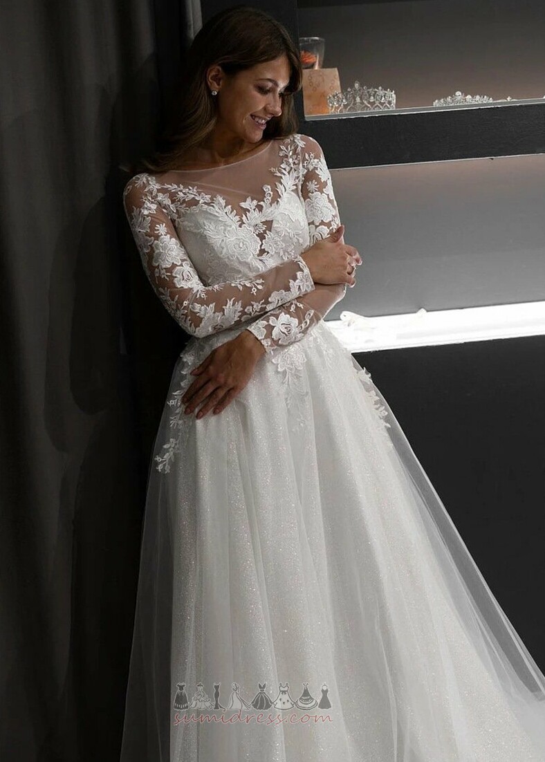 Draped Tulle Sweep Train Outdoor Long Sleeves Natural Waist Wedding Dress